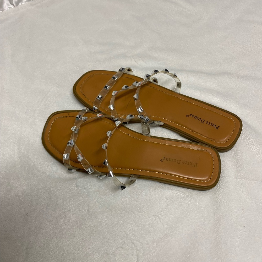 PIERRE DUMAS Womens SANDAL Lucite Silver Studded Slip On Flats Size 6.5